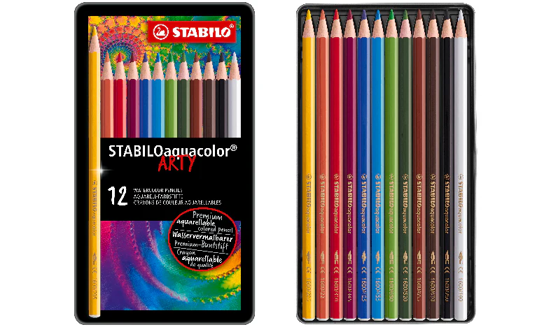 Aquarellable Colouring Pencil - STABILOaquacolor - ARTY - Tin of 12 - Assorted Colours
