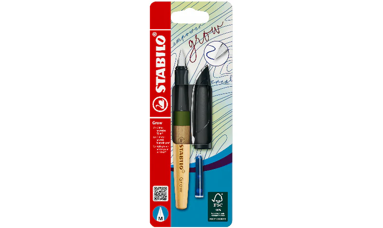 Climate-Neutral Fountain Pen - STABILO Grow - Pack of 1 - Moss Green/Oak Wood including Blue Ink Cartridge - Image 2