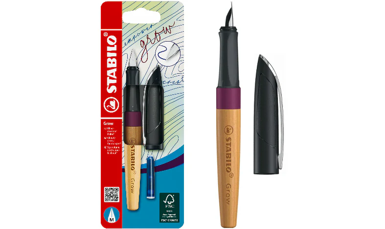 Climate-Neutral Fountain Pen - STABILO Grow - Pack of 1 - Plum Red/Cherry Wood including Blue Ink Cartridge