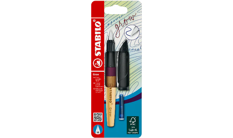 Climate-Neutral Fountain Pen - STABILO Grow - Pack of 1 - Plum Red/Cherry Wood including Blue Ink Cartridge - Image 2