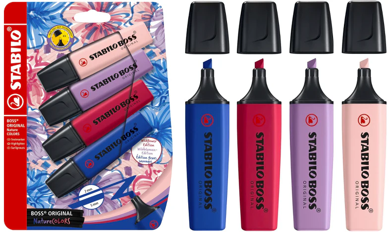 Highlighter - STABILO BOSS ORIGINAL NatureCOLOURS Wildflowers Edition - Pack of 4 - Blush, Burgundy, Grey Violet and Ultramarine