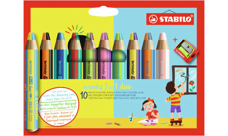 Multi-Talented Pencil - STABILO woody 3 in 1 duo - Pack of 10 - Assorted Colours with Sharpener