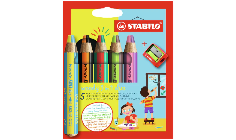 Multi-Talented Pencil - STABILO woody 3 in 1 duo - Pack of 5 - Assorted Colours with Sharpener - Image 2