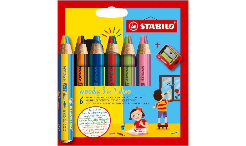 Multi-Talented Pencil - STABILO woody 3 in 1 duo - Pack of 6 - Assorted Colours with Sharpener - Image 2