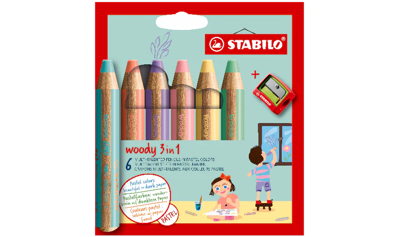 Multi-Talented Pencil - STABILO woody 3 in 1 - Pack of 6 - Assorted Pastel Colours with Sharpener