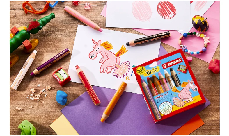 Multi-Talented Pencil - STABILO woody 3 in 1 - Pack of 6 - Birthday Edition - Unicorn - Assorted Colours with Sharpener - Image 6