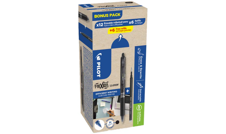 Pilot FriXion Clicker 07 Erasable Rollerball Pen Black Box of 24 Black (12 Pens + 12 Refills) - Image 2