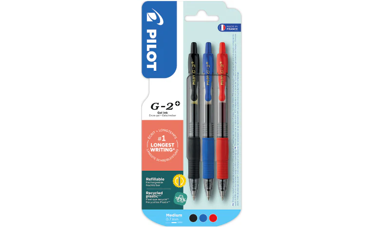 Pilot G-2 Plus BegreeN 0.7 Gel Ink Rollerball Pen Pack of 3 (Black, Blue, Red) - Image 2