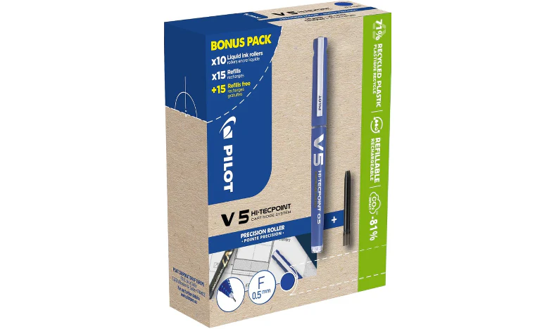 Pilot V5 Hi-Tecpoint Cartridge System Rollerball Pen Blue Box of 40 (10 Pens + 30 Refills) - Image 2