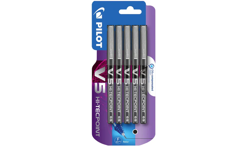 Pilot V5 Hi-Tecpoint Rollerball Pen Black Pack of 5 - Image 2