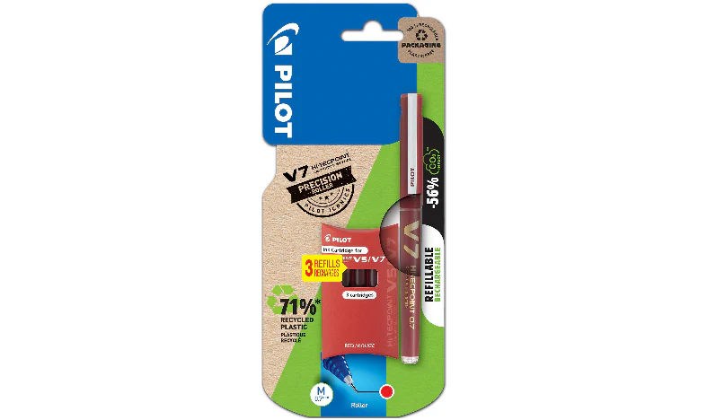 Pilot V7 Hi-Tecpoint Cartridge System Rollerball Pen with 3 Refills Red - Image 2