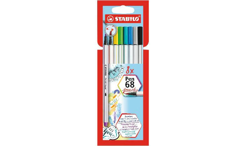 Premium Fibre-Tip Pen with Brush Tip - STABILO Pen 68 brush - Pack of 8 - Assorted Colours