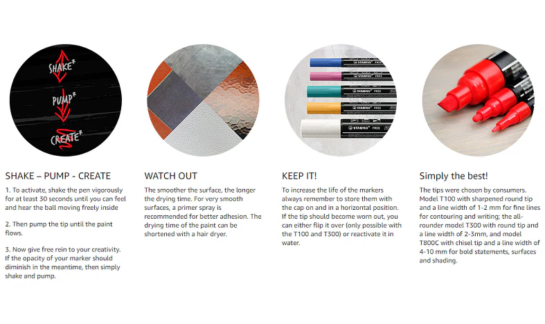 Acrylic Marker - STABILO FREE Acrylic - T100 1-2 mm Bullet Tip Spring - Wallet of 5 - Assorted colours - Image 4
