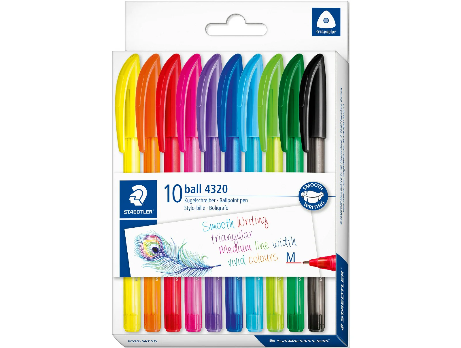 STAEDTLER Ball 4320 M Triangular Ballpoint Pen Set – Assorted Colours (Pack of 10)