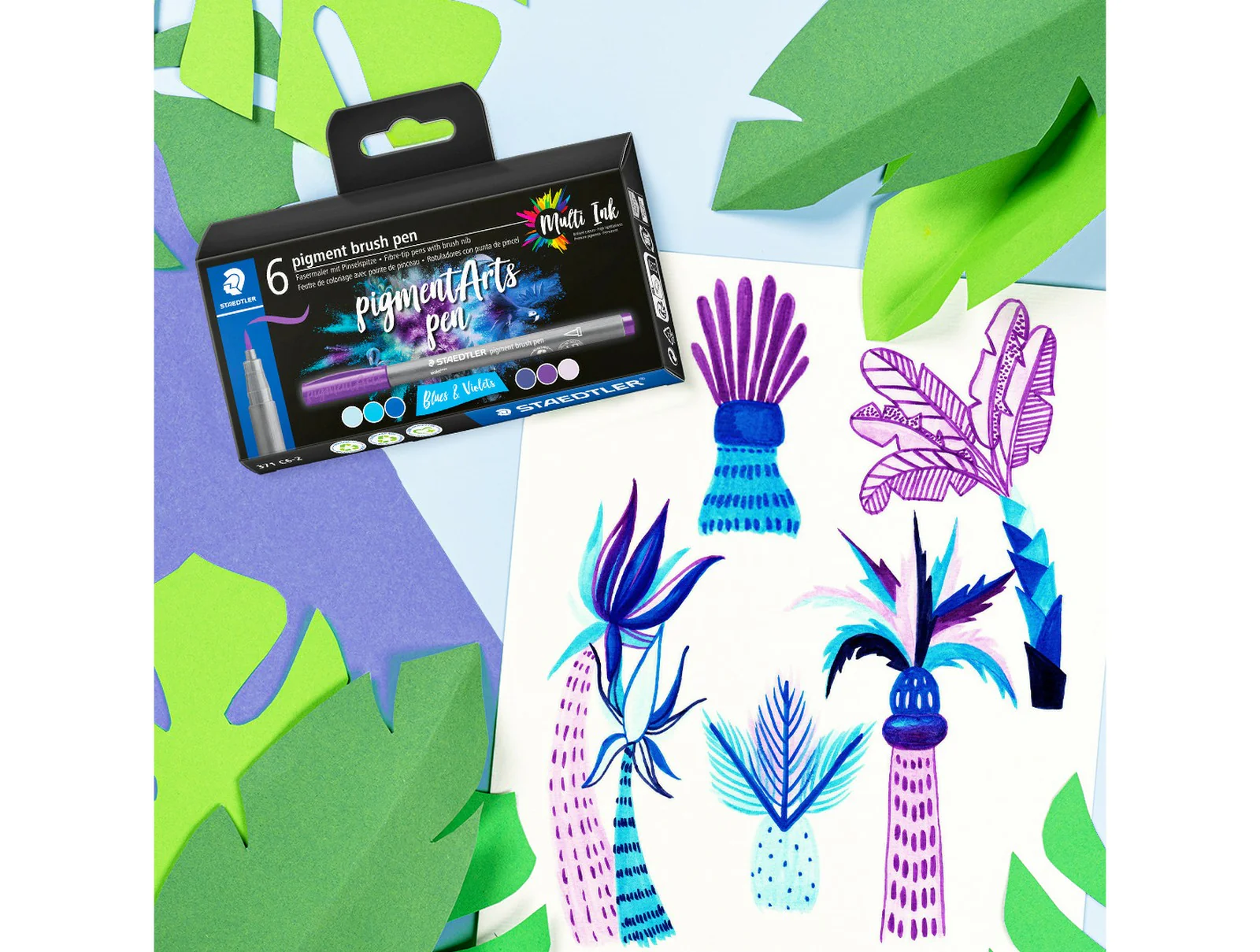 STAEDTLER Pigment Brush Pen 371 Set – Blues & Violets (Pack of 6) - Image 4