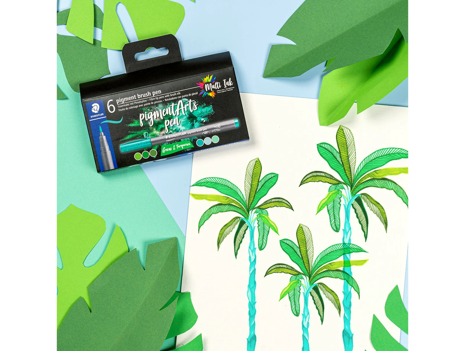 STAEDTLER Pigment Brush Pen 371 Set – Greens & Turquoises (Pack of 6) - Image 4